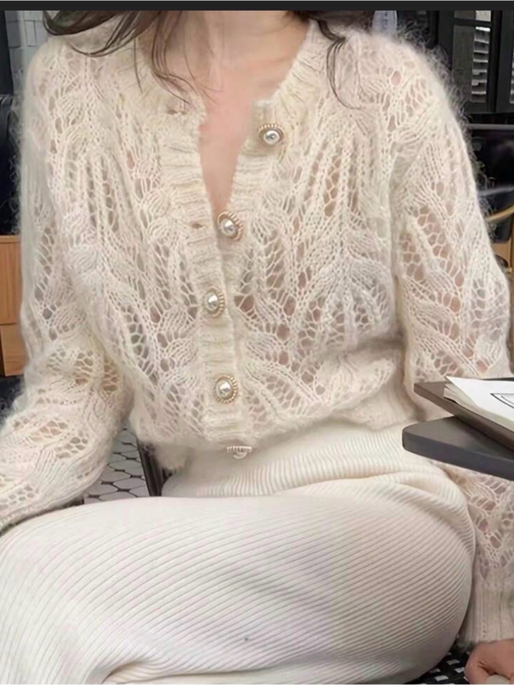 Women's Cream Open-Knit Gold Button Cardigan Sweater